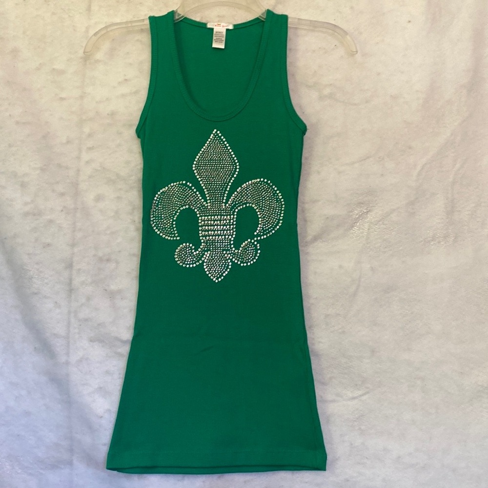 Kelly Green Rhinestone Fleur De Lis Bling Sleeveless Sparkly  Tank Top Size S